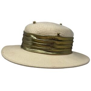 Vintage Michael Howard Designer Hat Cream 100% Wool Felt Hat With Gold Details